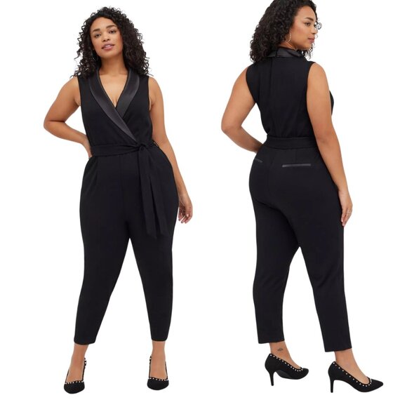 Torrid Tuxedo Jumpsuit, Deep Black 12 Sleeveless, Satin Collar, Stretch, Belted - Picture 1 of 10